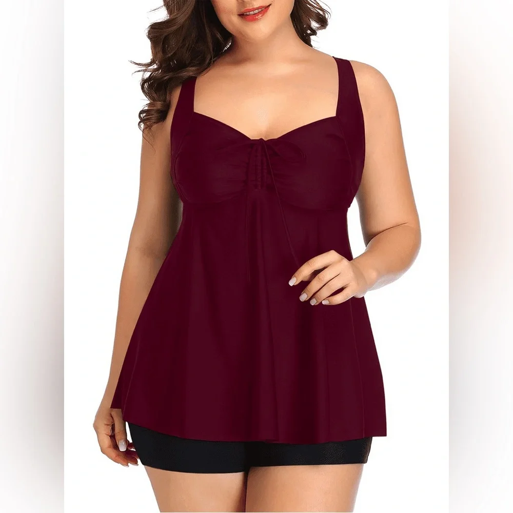 Plus Size Burgundy Tankini Top Swim Bikini - Elegant Ruched Front